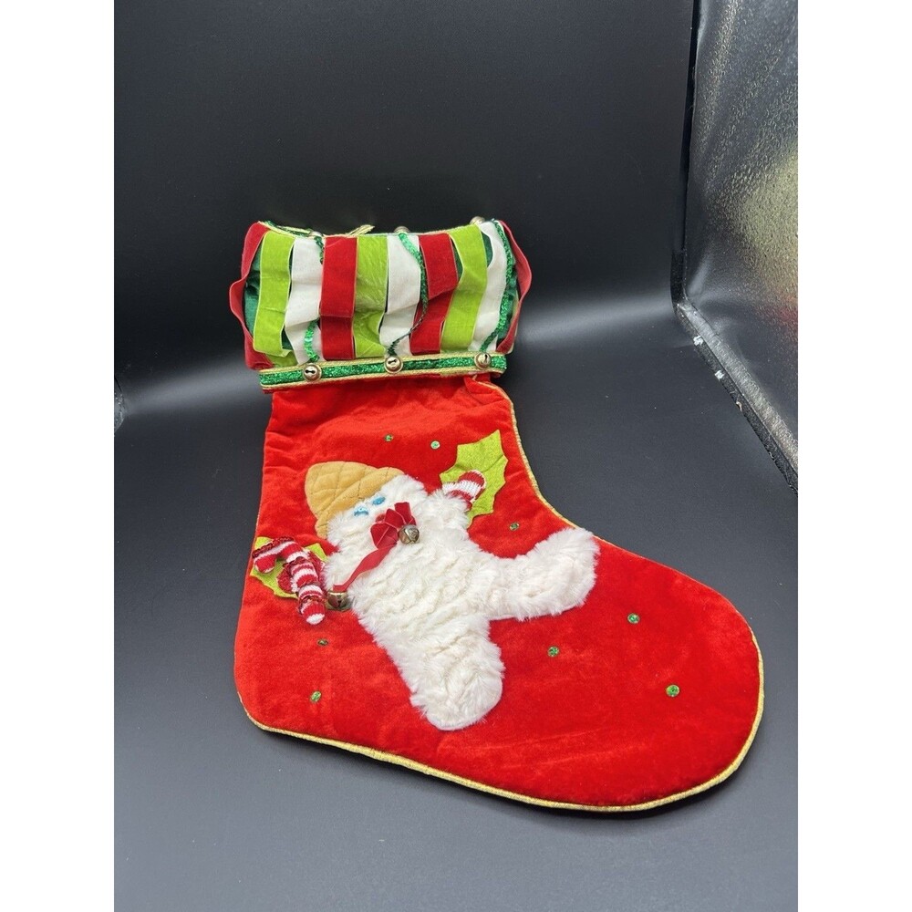 Large Christmas Stocking Velvet Snowman Sequin Bells Red Green 19” Holiday Decor